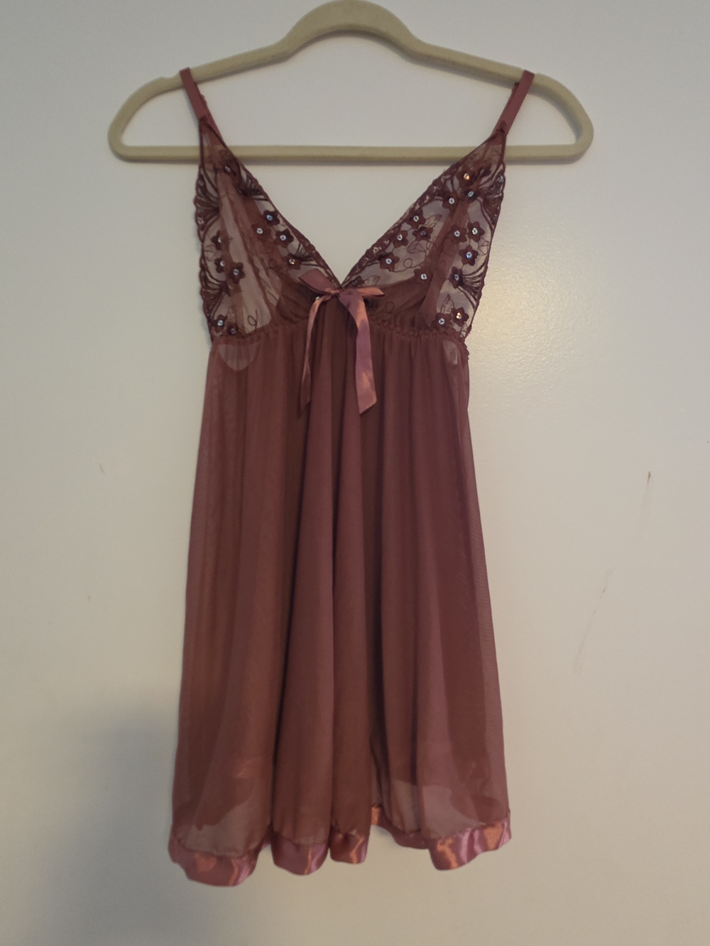 Embroidered Lace-Trim Satin Babydoll Chemise in Dusty Mauve